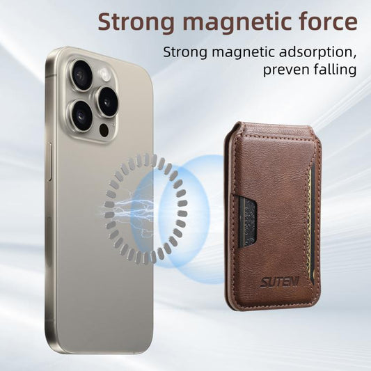 Suteni S3 Cowhide Textured MagSafe Magnetic Card Case(Brown) - Adhesive Card Holders by Suteni | Online Shopping UK | buy2fix
