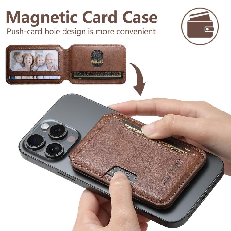 Suteni S3 Cowhide Textured MagSafe Magnetic Card Case(Brown) - Adhesive Card Holders by Suteni | Online Shopping UK | buy2fix