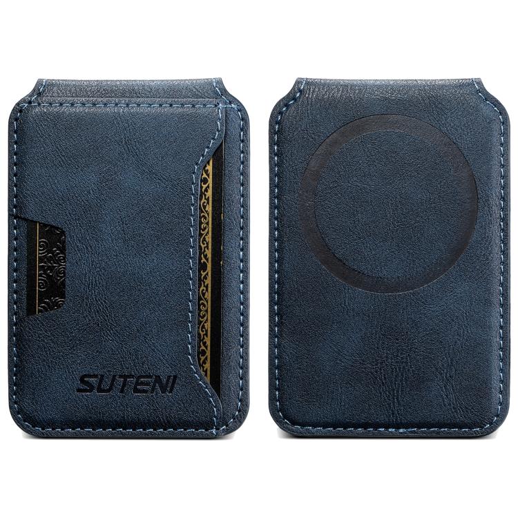 Suteni S3 Cowhide Textured MagSafe Magnetic Card Case(Blue) - Adhesive Card Holders by Suteni | Online Shopping UK | buy2fix