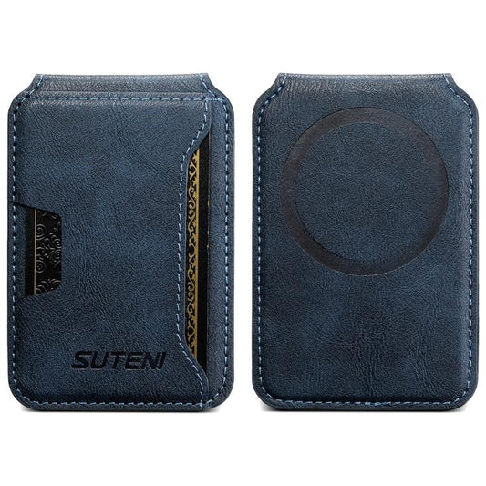 Suteni S3 Cowhide Textured MagSafe Magnetic Card Case(Blue) - Adhesive Card Holders by Suteni | Online Shopping UK | buy2fix