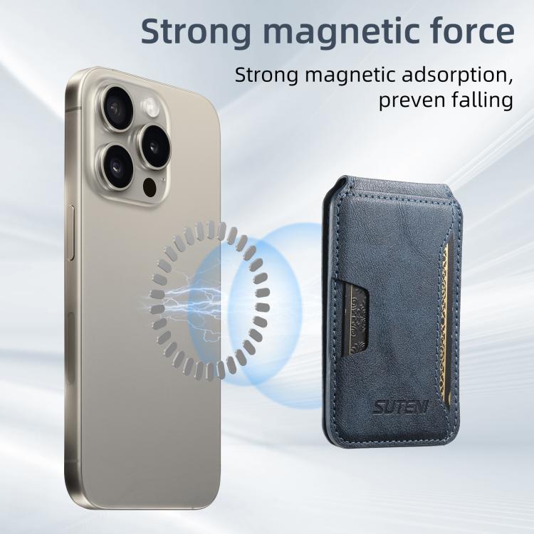 Suteni S3 Cowhide Textured MagSafe Magnetic Card Case(Blue) - Adhesive Card Holders by Suteni | Online Shopping UK | buy2fix