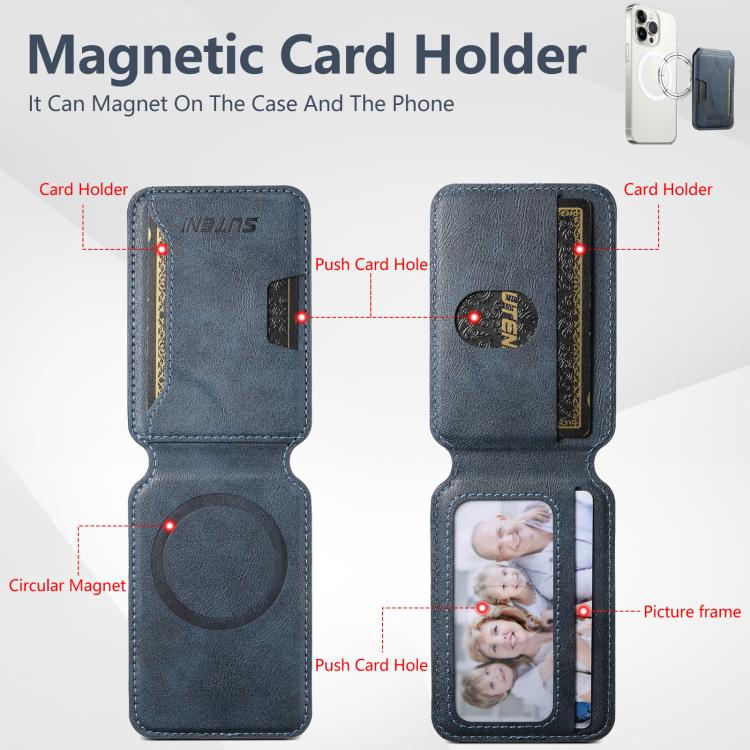 Suteni S3 Cowhide Textured MagSafe Magnetic Card Case(Blue) - Adhesive Card Holders by Suteni | Online Shopping UK | buy2fix