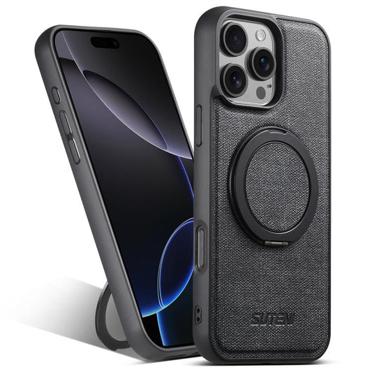 For iPhone 16 Pro Suteni G3 360 Rotation Holder MagSafe Denim Leather Back Phone Case(Black) - iPhone 16 Pro Cases by Suteni | Online Shopping UK | buy2fix