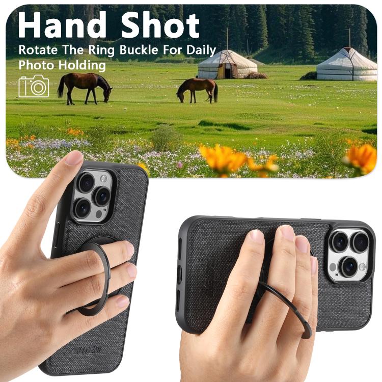 For iPhone 16 Pro Suteni G3 360 Rotation Holder MagSafe Denim Leather Back Phone Case(Black) - iPhone 16 Pro Cases by Suteni | Online Shopping UK | buy2fix