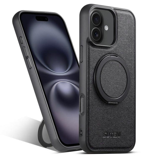 For iPhone 16 Plus Suteni G3 360 Rotation Holder MagSafe Denim Leather Back Phone Case(Black) - iPhone 16 Plus Cases by Suteni | Online Shopping UK | buy2fix
