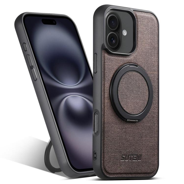 For iPhone 16 Suteni G3 360 Rotation Holder MagSafe Denim Leather Back Phone Case(Brown) - iPhone 16 Cases by Suteni | Online Shopping UK | buy2fix