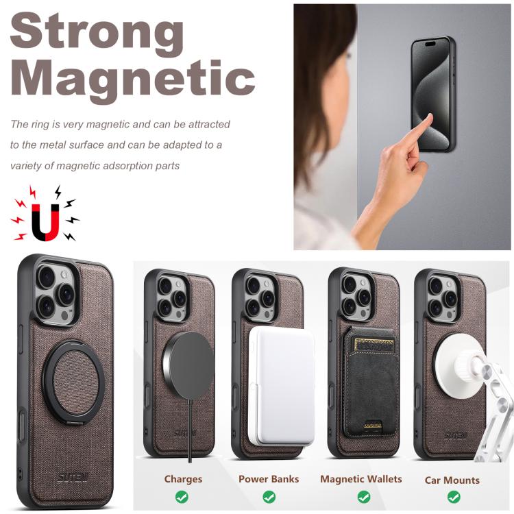 For iPhone 16 Suteni G3 360 Rotation Holder MagSafe Denim Leather Back Phone Case(Brown) - iPhone 16 Cases by Suteni | Online Shopping UK | buy2fix