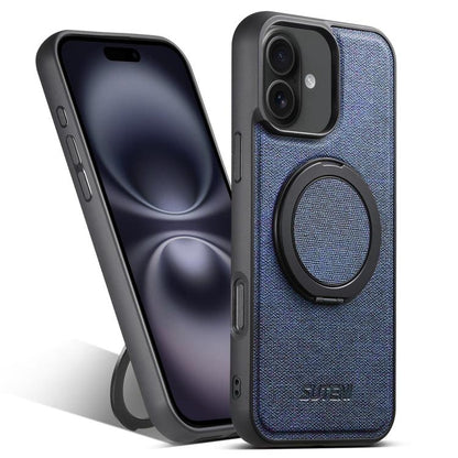 For iPhone 16 Suteni G3 360 Rotation Holder MagSafe Denim Leather Back Phone Case(Blue) - iPhone 16 Cases by Suteni | Online Shopping UK | buy2fix