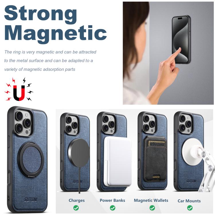 For iPhone 16 Suteni G3 360 Rotation Holder MagSafe Denim Leather Back Phone Case(Blue) - iPhone 16 Cases by Suteni | Online Shopping UK | buy2fix