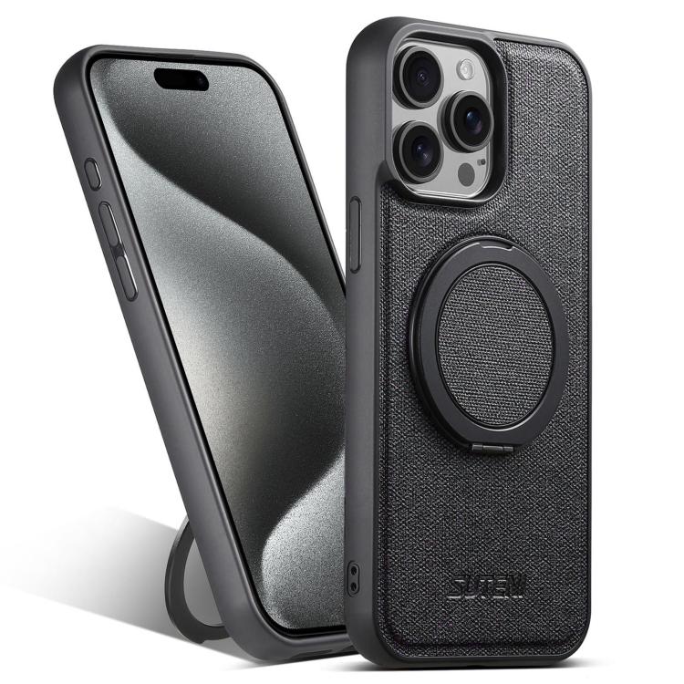 For iPhone 15 Pro Max Suteni G3 360 Rotation Holder MagSafe Denim Leather Back Phone Case(Black) - iPhone 15 Pro Max Cases by Suteni | Online Shopping UK | buy2fix