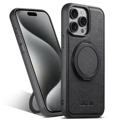 For iPhone 15 Pro Max Suteni G3 360 Rotation Holder MagSafe Denim Leather Back Phone Case(Black) - iPhone 15 Pro Max Cases by Suteni | Online Shopping UK | buy2fix