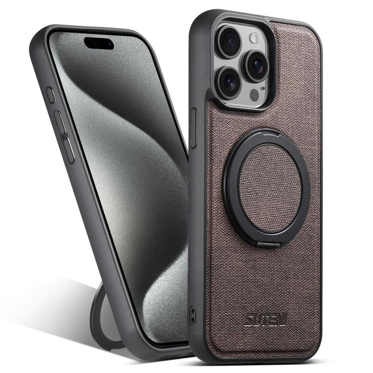 For iPhone 15 Pro Suteni G3 360 Rotation Holder MagSafe Denim Leather Back Phone Case(Brown) - iPhone 15 Pro Cases by Suteni | Online Shopping UK | buy2fix