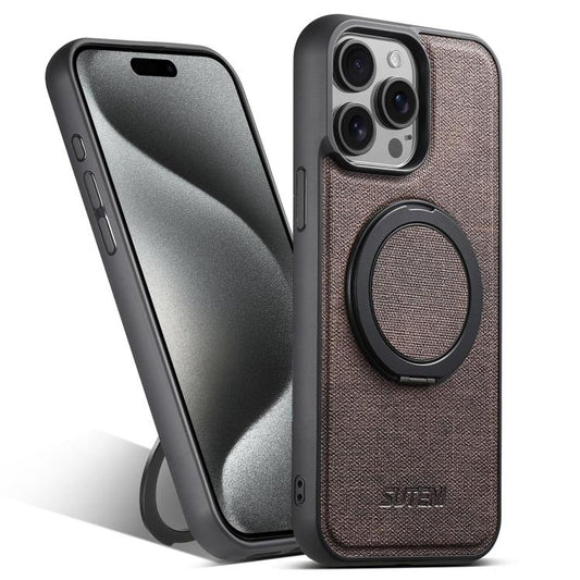 For iPhone 15 Pro Suteni G3 360 Rotation Holder MagSafe Denim Leather Back Phone Case(Brown) - iPhone 15 Pro Cases by Suteni | Online Shopping UK | buy2fix