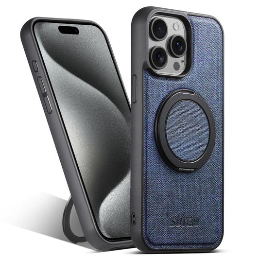 For iPhone 15 Pro Suteni G3 360 Rotation Holder MagSafe Denim Leather Back Phone Case(Blue) - iPhone 15 Pro Cases by Suteni | Online Shopping UK | buy2fix