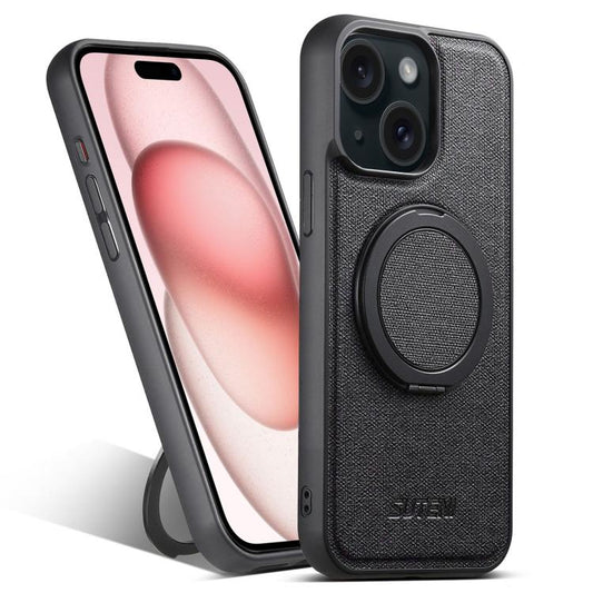For iPhone 15 Suteni G3 360 Rotation Holder MagSafe Denim Leather Back Phone Case(Black) - iPhone 15 Cases by Suteni | Online Shopping UK | buy2fix