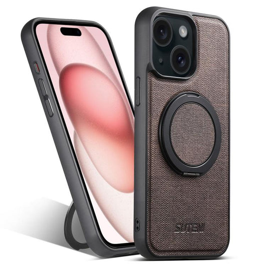 For iPhone 15 Suteni G3 360 Rotation Holder MagSafe Denim Leather Back Phone Case(Brown) - iPhone 15 Cases by Suteni | Online Shopping UK | buy2fix