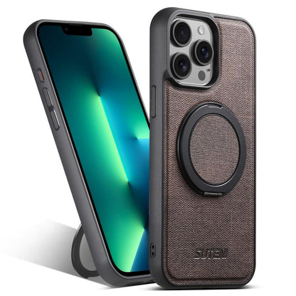 For iPhone 13 Pro Max Suteni G3 360 Rotation Holder MagSafe Denim Leather Back Phone Case(Brown) - iPhone 13 Pro Max Cases by Suteni | Online Shopping UK | buy2fix