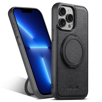 For iPhone 13 Pro Suteni G3 360 Rotation Holder MagSafe Denim Leather Back Phone Case(Black) - iPhone 13 Pro Cases by Suteni | Online Shopping UK | buy2fix