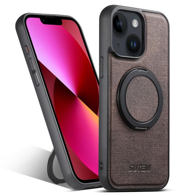 For iPhone 13 Suteni G3 360 Rotation Holder MagSafe Denim Leather Back Phone Case(Brown) - iPhone 13 Cases by Suteni | Online Shopping UK | buy2fix