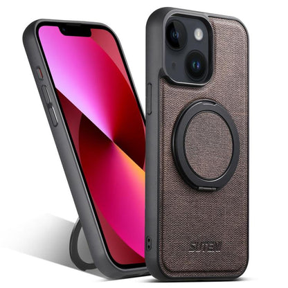 For iPhone 13 Suteni G3 360 Rotation Holder MagSafe Denim Leather Back Phone Case(Brown) - iPhone 13 Cases by Suteni | Online Shopping UK | buy2fix