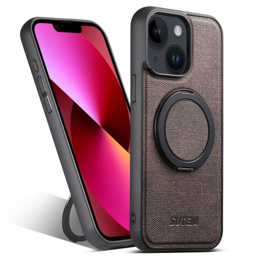For iPhone 13 Suteni G3 360 Rotation Holder MagSafe Denim Leather Back Phone Case(Brown) - iPhone 13 Cases by Suteni | Online Shopping UK | buy2fix