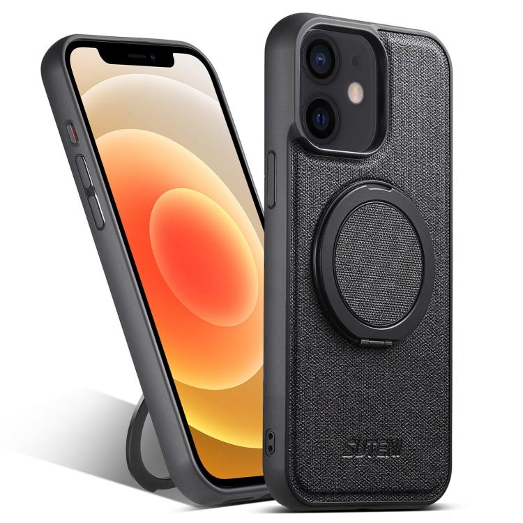 For iPhone 12 Suteni G3 360 Rotation Holder MagSafe Denim Leather Back Phone Case(Black) - iPhone 12 / 12 Pro Cases by Suteni | Online Shopping UK | buy2fix