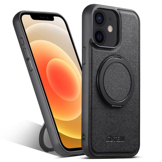 For iPhone 12 Suteni G3 360 Rotation Holder MagSafe Denim Leather Back Phone Case(Black) - iPhone 12 / 12 Pro Cases by Suteni | Online Shopping UK | buy2fix