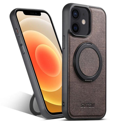 For iPhone 12 Suteni G3 360 Rotation Holder MagSafe Denim Leather Back Phone Case(Brown) - iPhone 12 / 12 Pro Cases by Suteni | Online Shopping UK | buy2fix