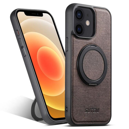 For iPhone 12 Suteni G3 360 Rotation Holder MagSafe Denim Leather Back Phone Case(Brown) - iPhone 12 / 12 Pro Cases by Suteni | Online Shopping UK | buy2fix