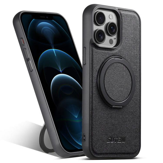 For iPhone 12 Pro Max Suteni G3 360 Rotation Holder MagSafe Denim Leather Back Phone Case(Black) - iPhone 12 Pro Max Cases by Suteni | Online Shopping UK | buy2fix