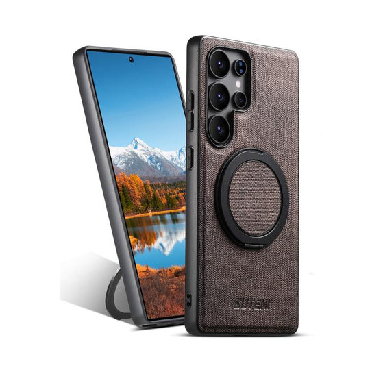 For Samsung Galaxy S22 Ultra 5G Suteni G3 360 Rotation Holder MagSafe Denim Leather Back Phone Case(Brown)