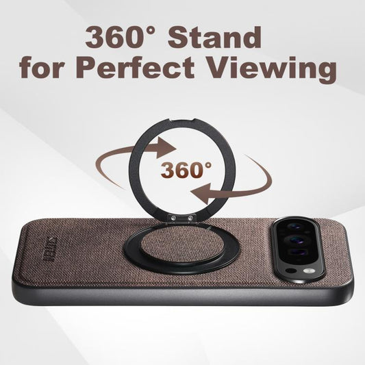 For Google Pixel 10 Pro Suteni G3 360 Rotation Holder MagSafe Denim Leather Back Phone Case(Brown) - Google Cases by Suteni | Online Shopping UK | buy2fix