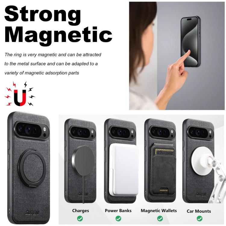 For Google Pixel 10 Pro XL Suteni G3 360 Rotation Holder MagSafe Denim Leather Back Phone Case(Black) - Google Cases by Suteni | Online Shopping UK | buy2fix