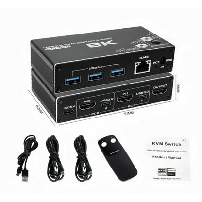 K1 2 Ports HDCP 2.3 RJ45 USB 3.0 Hubs Adapter 4K 120Hz HDMI 2.0b USB-C KVM Switch(Black) - Switch by buy2fix | Online Shopping UK | buy2fix
