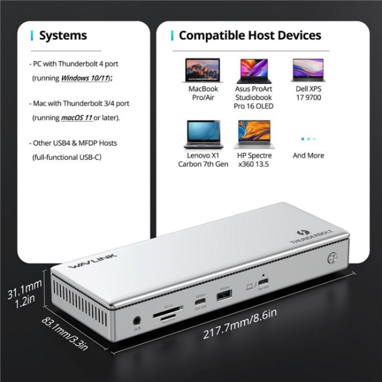 WAVLINK UTD45 96W Charging 8K / 4K Display Thunderbolt 4 Docking Station 13-in-1 Hub(US Plug) - HUB with Lan adapter by WAVLINK | Online Shopping UK | buy2fix