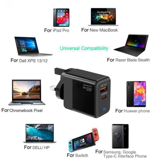 GaN PD 45W + QC3.0 USB Fully Compatible Protocol Charger for MacBook，UK Plug(Black) - Cable & Adapter by buy2fix | Online Shopping UK | buy2fix