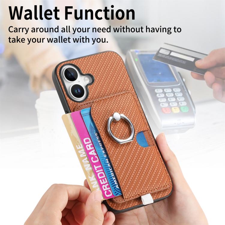For iPhone 17 Carbon Fiber Ring Side Insert Card Bag MagSafe Phone Case(Brown) - iPhone 17 Cases by buy2fix | Online Shopping UK | buy2fix