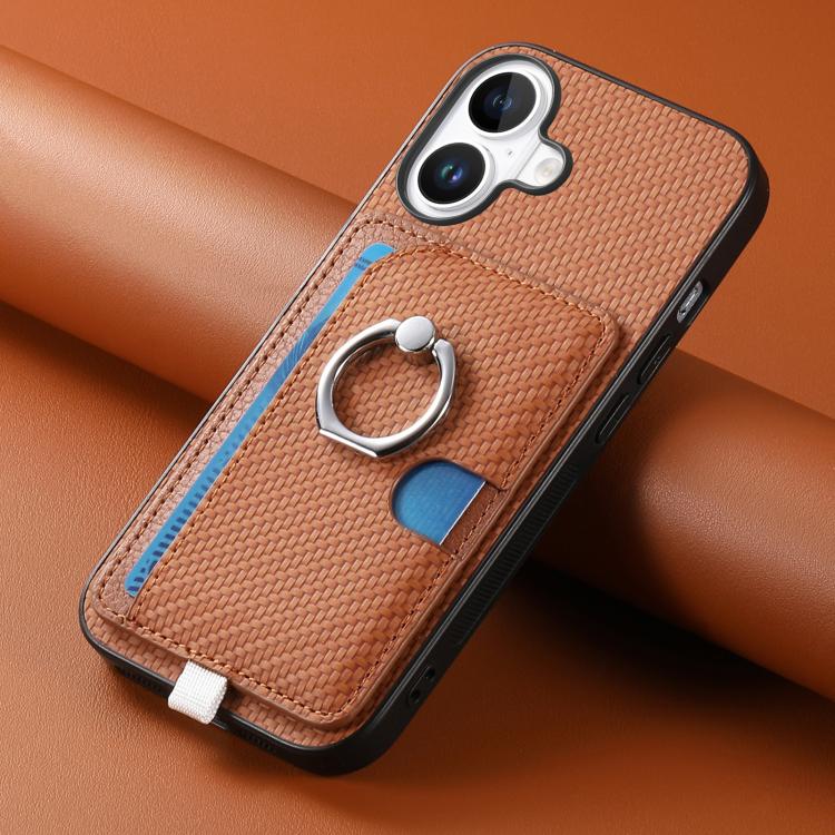 For iPhone 17 Carbon Fiber Ring Side Insert Card Bag MagSafe Phone Case(Brown) - iPhone 17 Cases by buy2fix | Online Shopping UK | buy2fix