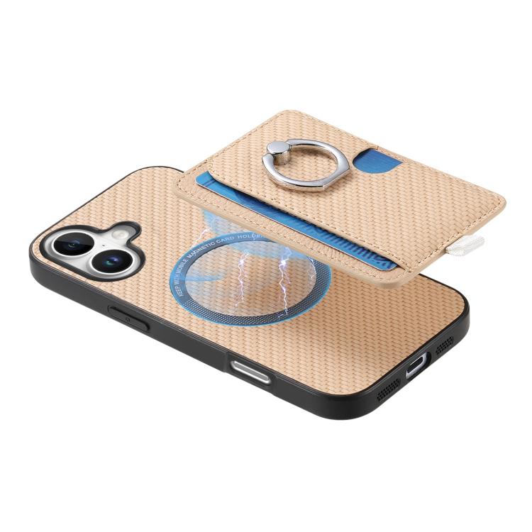 For iPhone 17 Carbon Fiber Ring Side Insert Card Bag MagSafe Phone Case(Khaki) - iPhone 17 Cases by buy2fix | Online Shopping UK | buy2fix