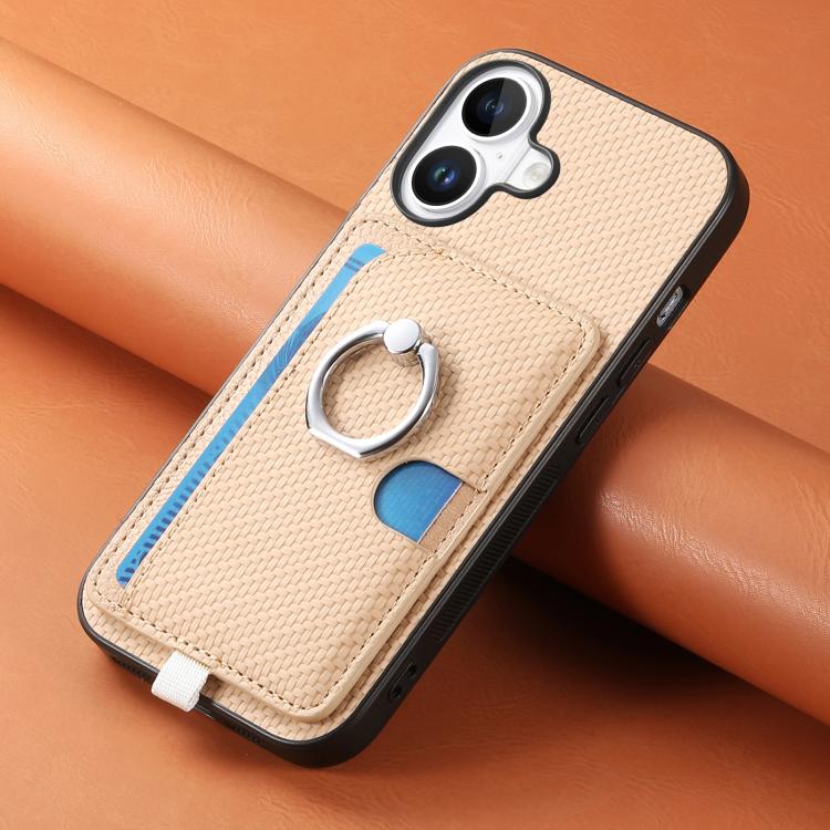 For iPhone 17 Carbon Fiber Ring Side Insert Card Bag MagSafe Phone Case(Khaki) - iPhone 17 Cases by buy2fix | Online Shopping UK | buy2fix