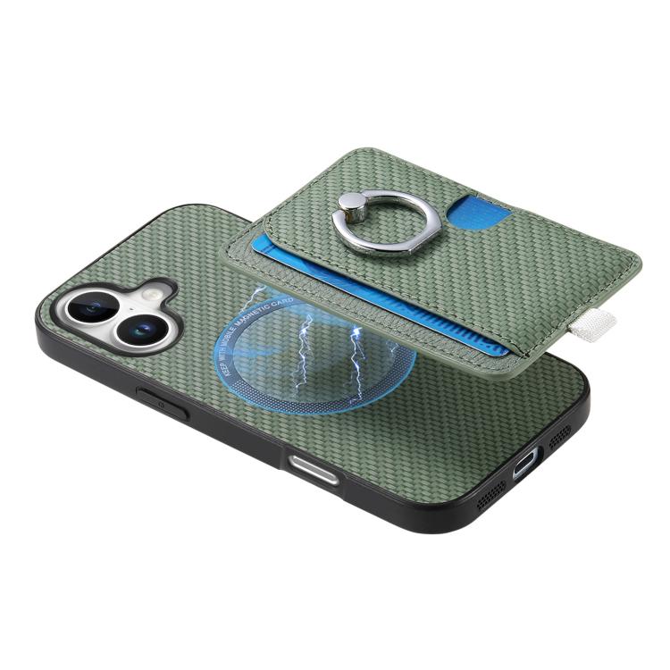 For iPhone 17 Carbon Fiber Ring Side Insert Card Bag MagSafe Phone Case(Green) - iPhone 17 Cases by buy2fix | Online Shopping UK | buy2fix