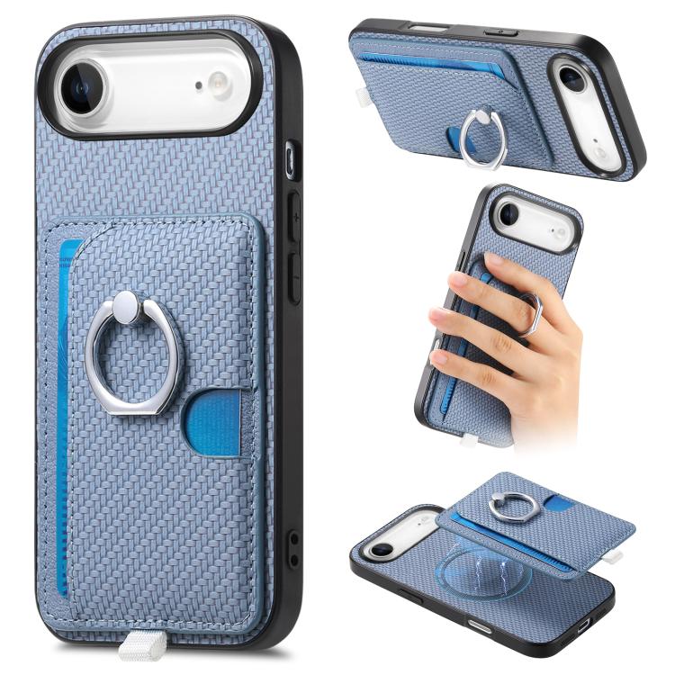 For iPhone Air Carbon Fiber Ring Side Insert Card Bag MagSafe Phone Case(Blue) - iPhone Air Cases by buy2fix | Online Shopping UK | buy2fix