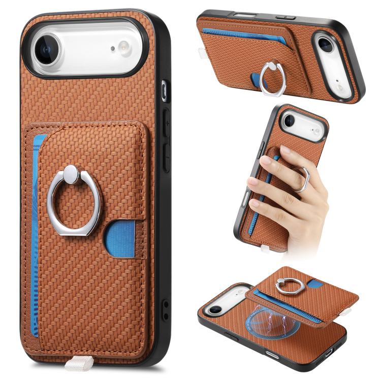 For iPhone Air Carbon Fiber Ring Side Insert Card Bag MagSafe Phone Case(Brown) - iPhone Air Cases by buy2fix | Online Shopping UK | buy2fix