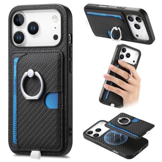 For iPhone 17 Pro Carbon Fiber Ring Side Insert Card Bag MagSafe Phone Case(Black) - iPhone 17 Pro Cases by buy2fix | Online Shopping UK | buy2fix
