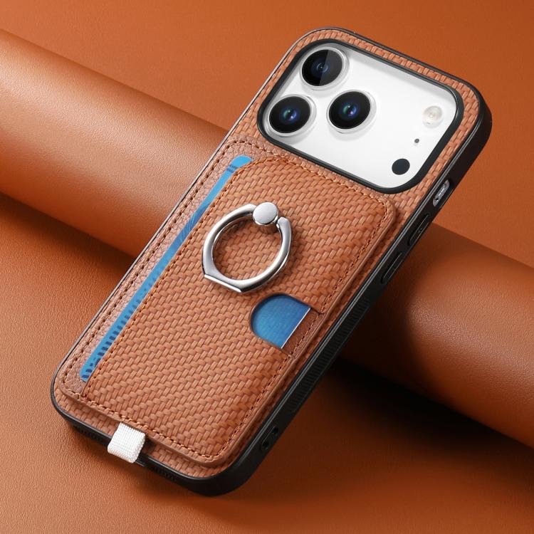 For iPhone 17 Pro Carbon Fiber Ring Side Insert Card Bag MagSafe Phone Case(Brown) - iPhone 17 Pro Cases by buy2fix | Online Shopping UK | buy2fix
