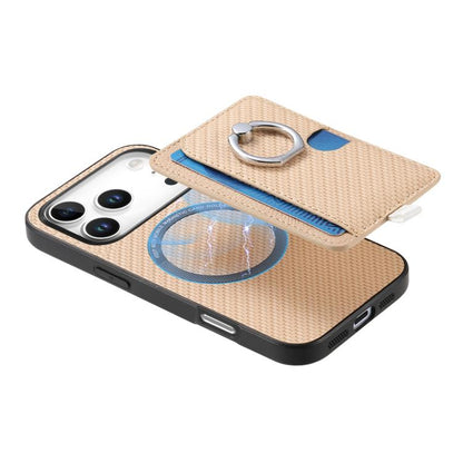 For iPhone 17 Pro Carbon Fiber Ring Side Insert Card Bag MagSafe Phone Case(Khaki) - iPhone 17 Pro Cases by buy2fix | Online Shopping UK | buy2fix