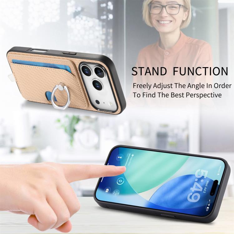 For iPhone 17 Pro Carbon Fiber Ring Side Insert Card Bag MagSafe Phone Case(Khaki) - iPhone 17 Pro Cases by buy2fix | Online Shopping UK | buy2fix