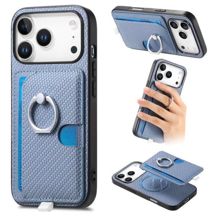For iPhone 17 Pro Max Carbon Fiber Ring Side Insert Card Bag MagSafe Phone Case(Blue) - iPhone 17 Pro Max Cases by buy2fix | Online Shopping UK | buy2fix