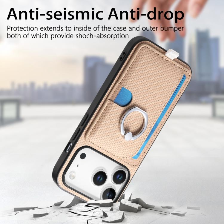 For iPhone 17 Pro Max Carbon Fiber Ring Side Insert Card Bag MagSafe Phone Case(Khaki) - iPhone 17 Pro Max Cases by buy2fix | Online Shopping UK | buy2fix