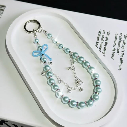 Bow Glass Pearl Mobile Phone Chain(Blue) - Lanyards & Wrist Straps by buy2fix | Online Shopping UK | buy2fix